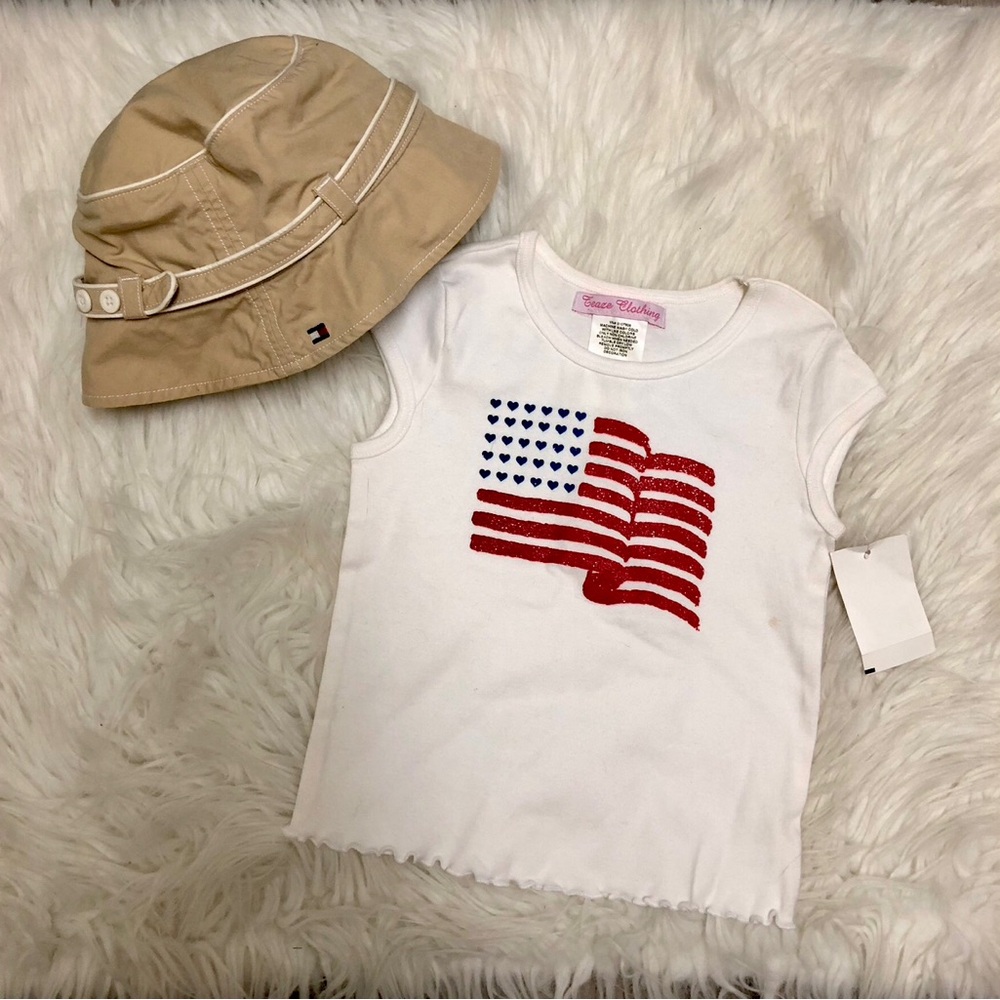 NWOT Bundle of Little girl’s bucket hat + Forth of July 4T Girl’s Top